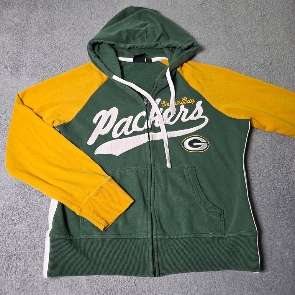 NFL Womens Large Full Zip Hoodie Green Yellow Green Bay Packers Embroidered